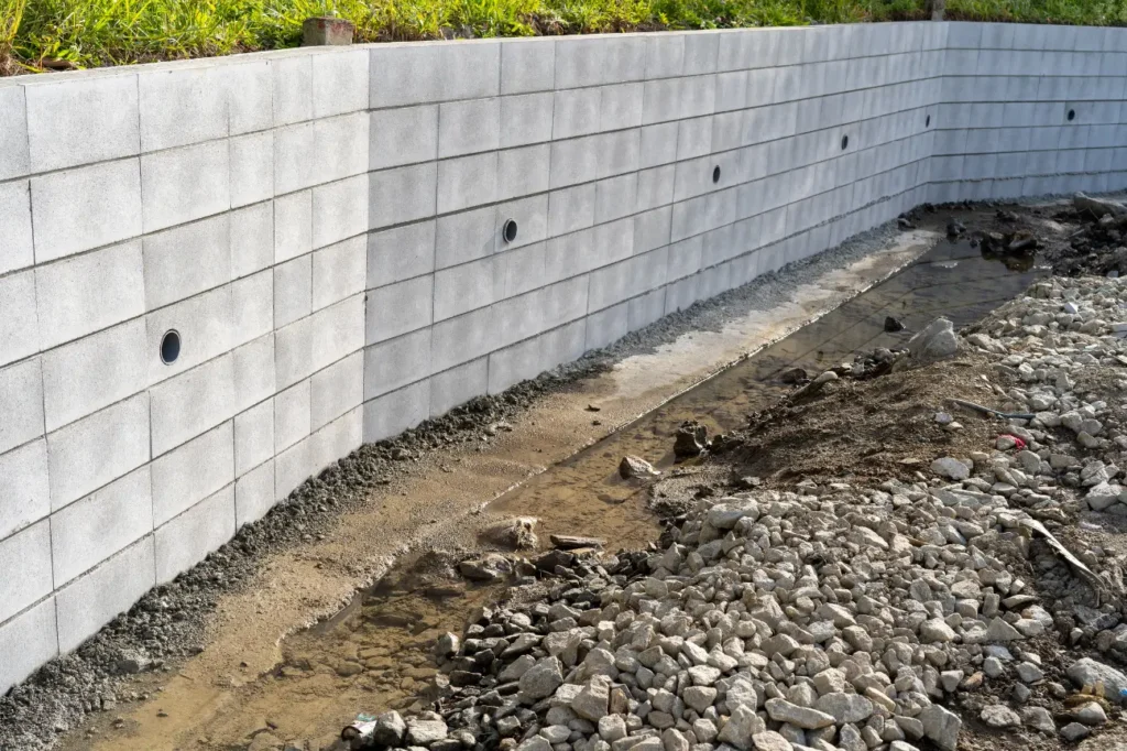 Concrete block retaining wall built by the best retaining walls company in ashburton Retaining Walls Ashburton showing clean structure and drainage work