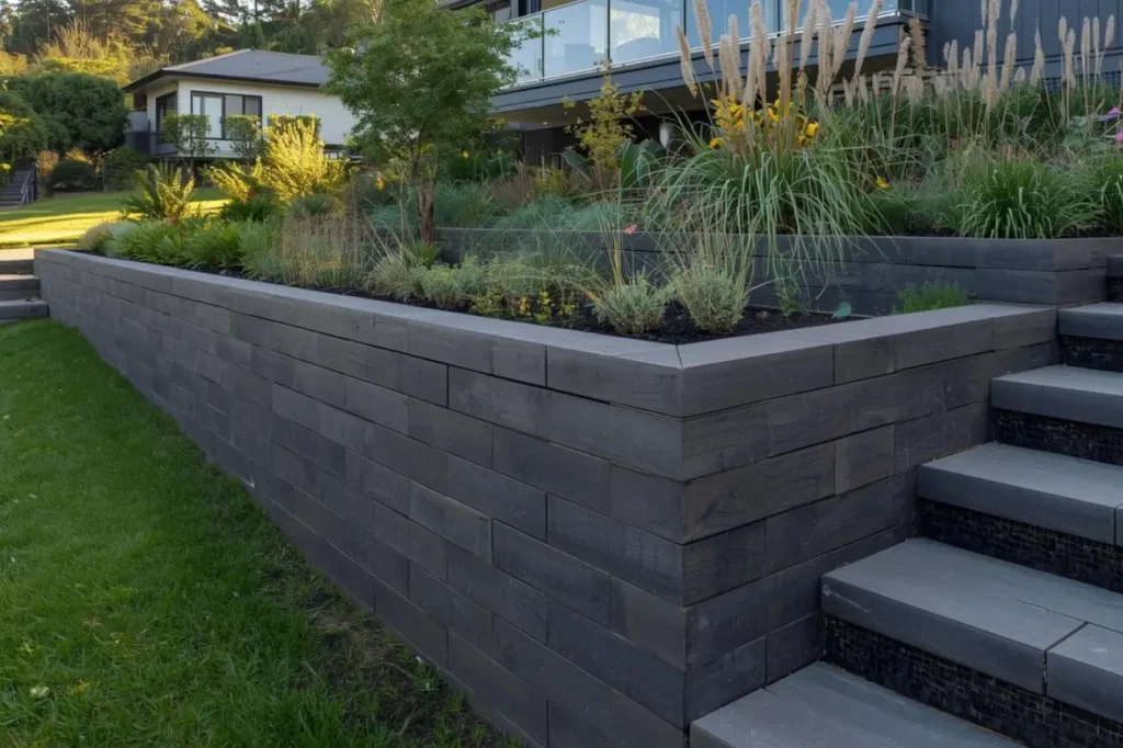 Timber style retaining wall by retaining walls specialists ashburton Retaining Walls Ashburton showing strong support and modern garden layout